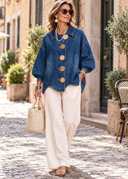 Zéliane™ | Veste en Jean Oversize à Boutons Dorés